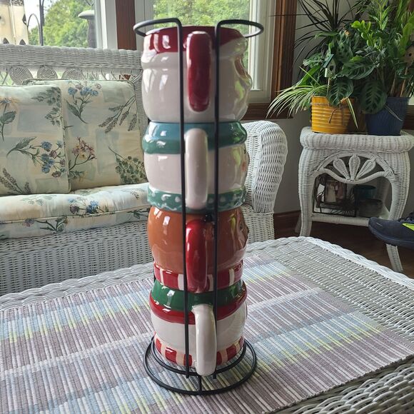 Holiday Time Santa Snowman & Reindeer Mix Stackable Stoneware Mug Set Metal Rack - Picture 8 of 10